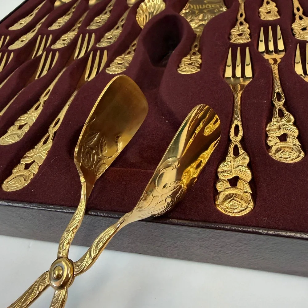 Solingen 23/24K Gold Plated Hostess Flatware Set 28pc Rose Pattern West Germany
